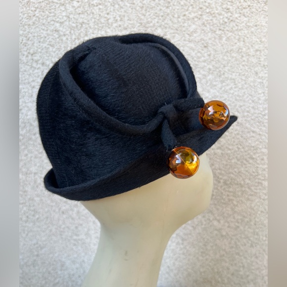 Vintage black wool bucket hat 2 lucite amber balls Adolfo Realites Small 21” - Picture 5 of 10